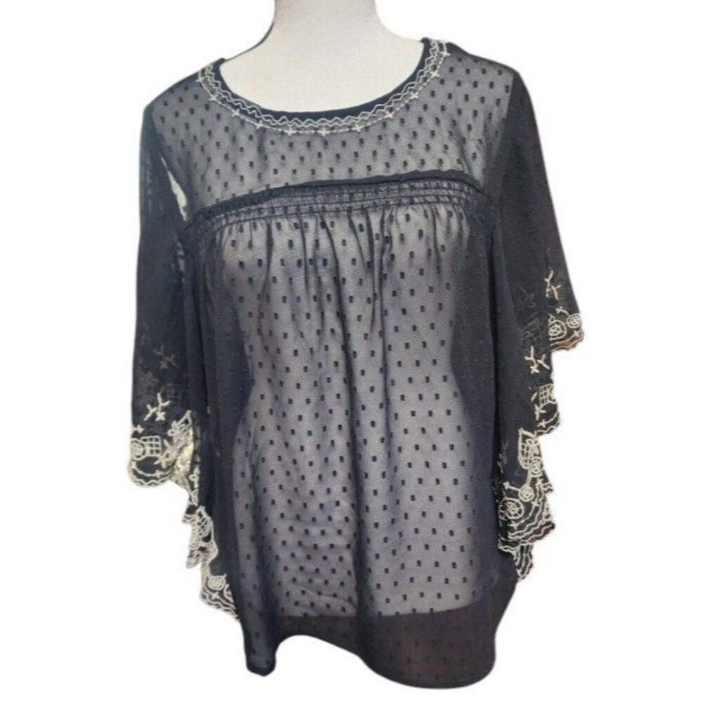 NAF NAF Paris Vintage Plumetis Sheer Embroidered Blouse Lace Details Size L